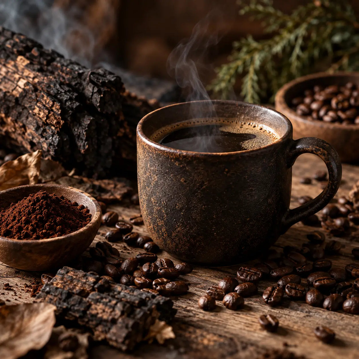Dunkler Kaffee mit erdigen und rauchigen Aromen